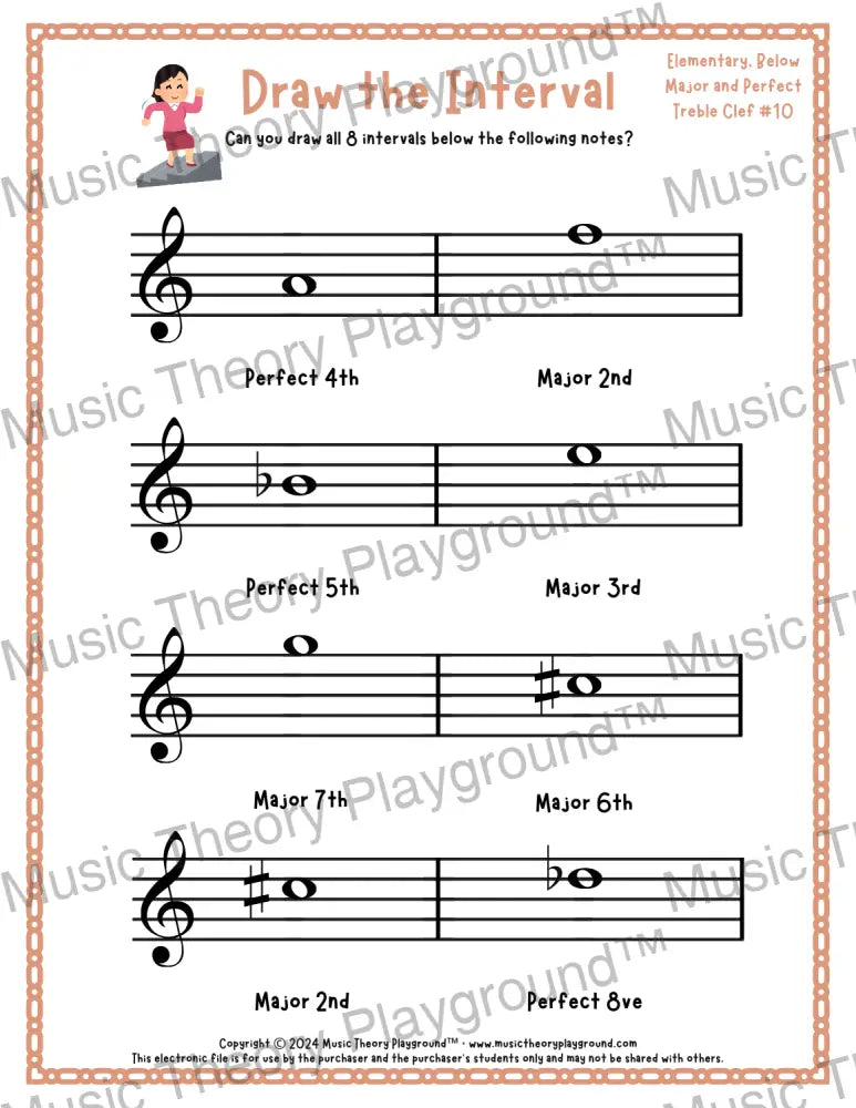 Draw the Interval: Elementary Treble Clef (Below) - Collection 2 5 / Worksheet + Answer Key Student Worksheet