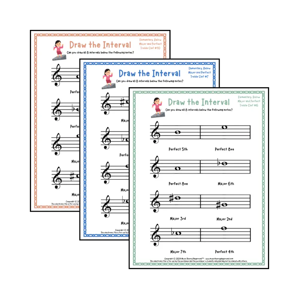 Draw the Interval: Elementary Treble Clef (Below) - Collection 2 Student Worksheet