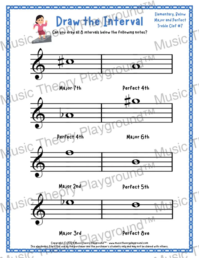 Draw the Interval: Elementary Treble Clef (Below) - Collection 2 2 / Worksheet + Answer Key Student Worksheet