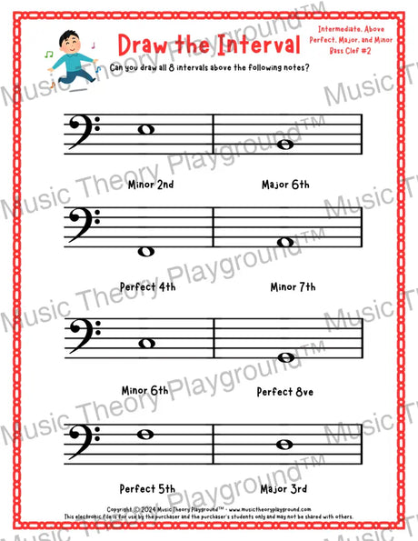 Interval drawing music theory worksheet for students - printable bass clef PDF
