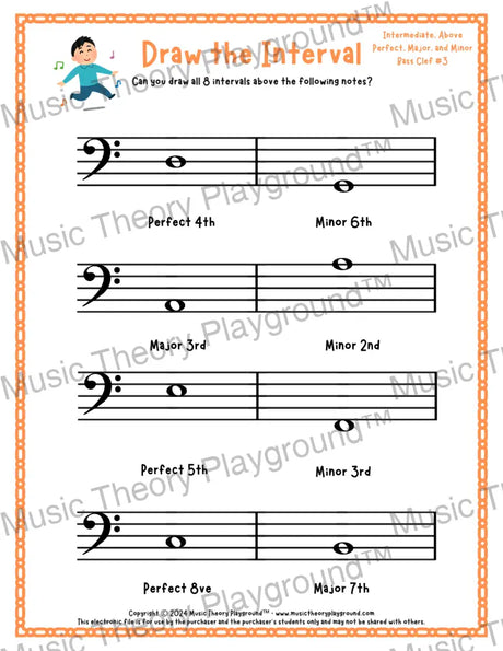 Interval drawing music theory worksheet for students - printable bass clef PDF
