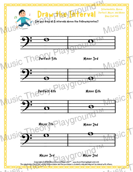 Interval drawing music theory worksheet for students - printable bass clef PDF