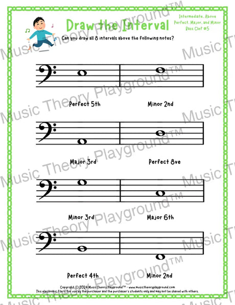 Interval drawing music theory worksheet for students - printable bass clef PDF