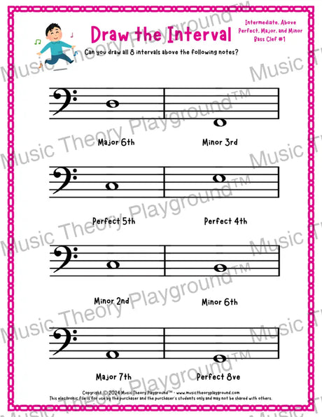 Interval drawing music theory worksheet for students - printable bass clef PDF