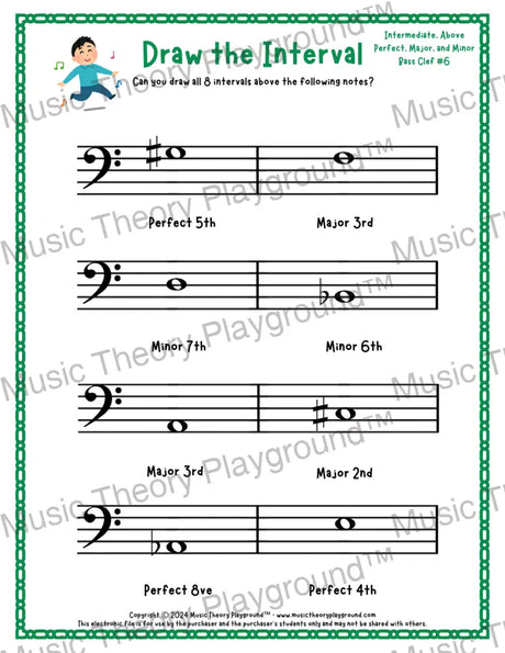 Interval drawing music theory worksheet for students - printable bass clef PDF