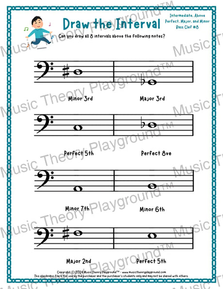 Interval drawing music theory worksheet for students - printable bass clef PDF