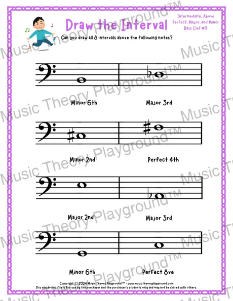 Interval drawing music theory worksheet for students - printable bass clef PDF