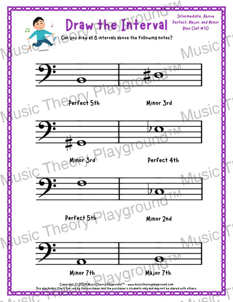 Interval drawing music theory worksheet for students - printable bass clef PDF