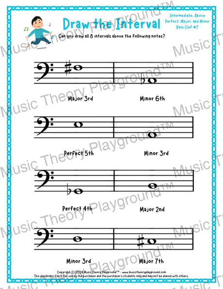Interval drawing music theory worksheet for students - printable bass clef PDF