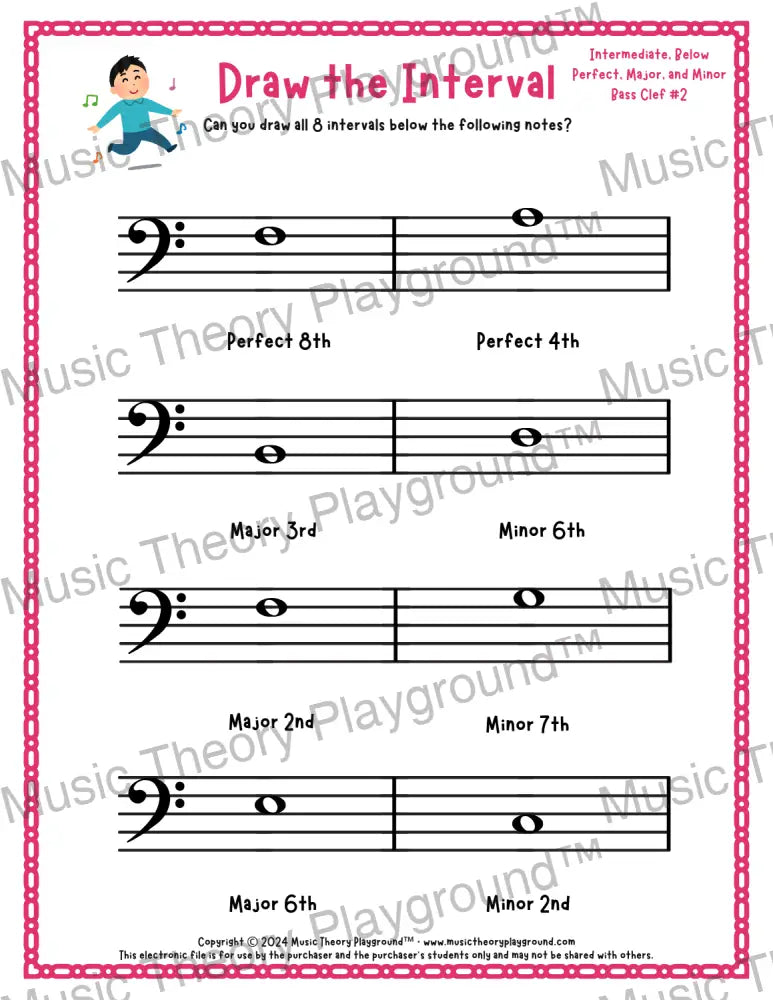 Interval drawing music theory worksheet for students - printable bass clef PDF