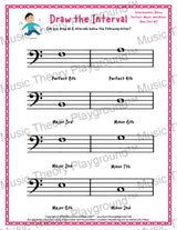 Interval drawing music theory worksheet for students - printable bass clef PDF