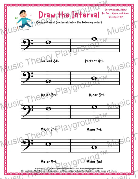 Interval drawing music theory worksheet for students - printable bass clef PDF