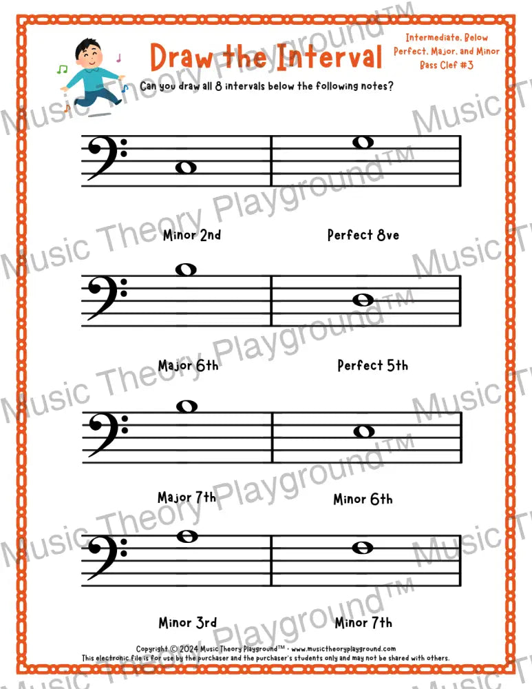 Interval drawing music theory worksheet for students - printable bass clef PDF