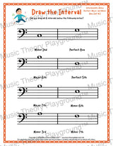 Interval drawing music theory worksheet for students - printable bass clef PDF