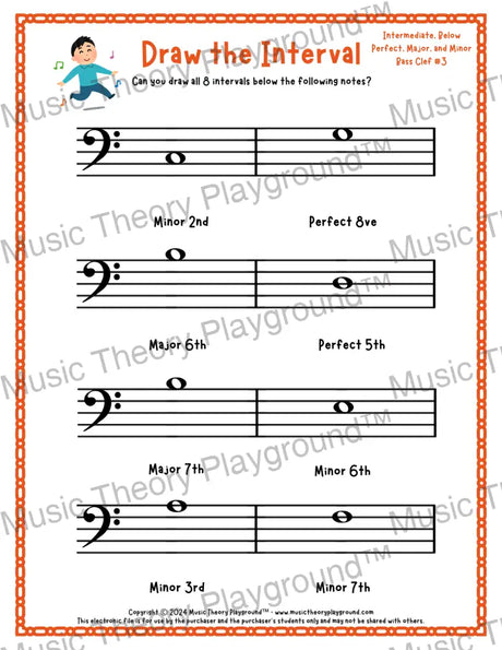 Interval drawing music theory worksheet for students - printable bass clef PDF