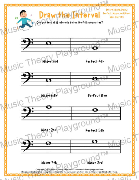 Interval drawing music theory worksheet for students - printable bass clef PDF