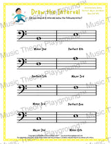 Interval drawing music theory worksheet for students - printable bass clef PDF