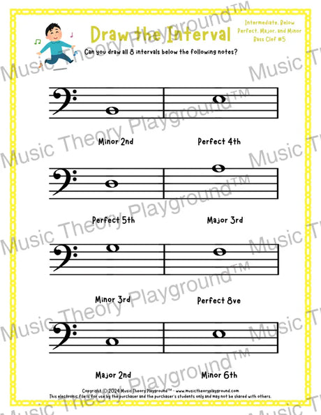 Interval drawing music theory worksheet for students - printable bass clef PDF