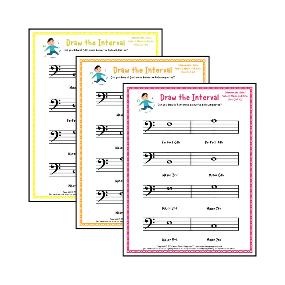 Interval drawing music theory worksheets for students - printable bass clef PDFs