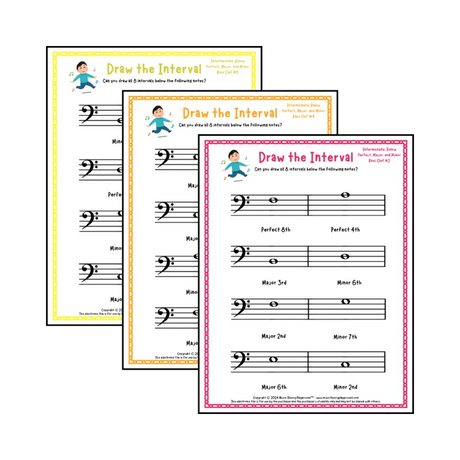 Interval drawing music theory worksheets for students - printable bass clef PDFs