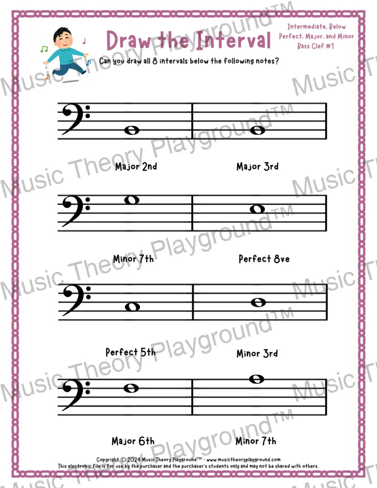 Interval drawing music theory worksheet for students - printable bass clef PDF