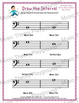 Interval drawing music theory worksheet for students - printable bass clef PDF