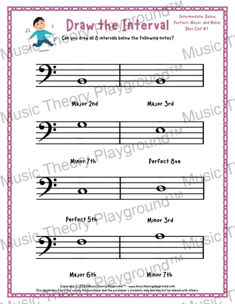 Interval drawing music theory worksheet for students - printable bass clef PDF