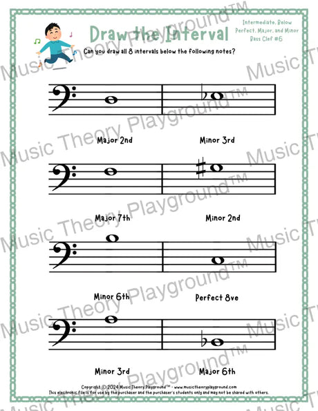 Interval drawing music theory worksheet for students - printable bass clef PDF