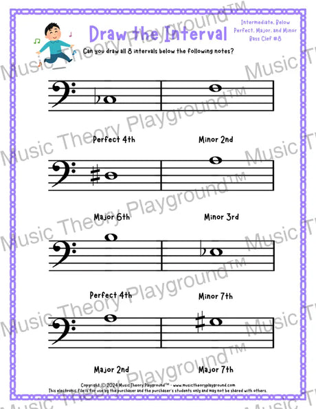 Interval drawing music theory worksheet for students - printable bass clef PDF