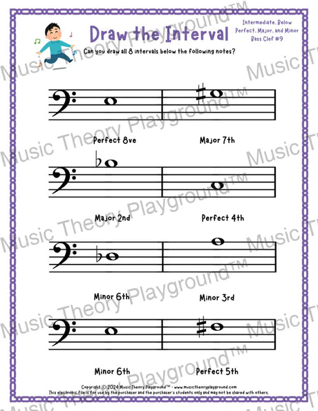 Interval drawing music theory worksheet for students - printable bass clef PDF