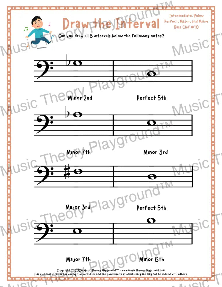 Interval drawing music theory worksheet for students - printable bass clef PDF
