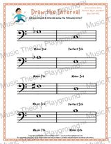 Interval drawing music theory worksheet for students - printable bass clef PDF