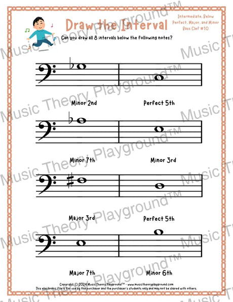 Interval drawing music theory worksheet for students - printable bass clef PDF