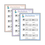 Interval drawing music theory worksheets for students - printable bass clef PDFs