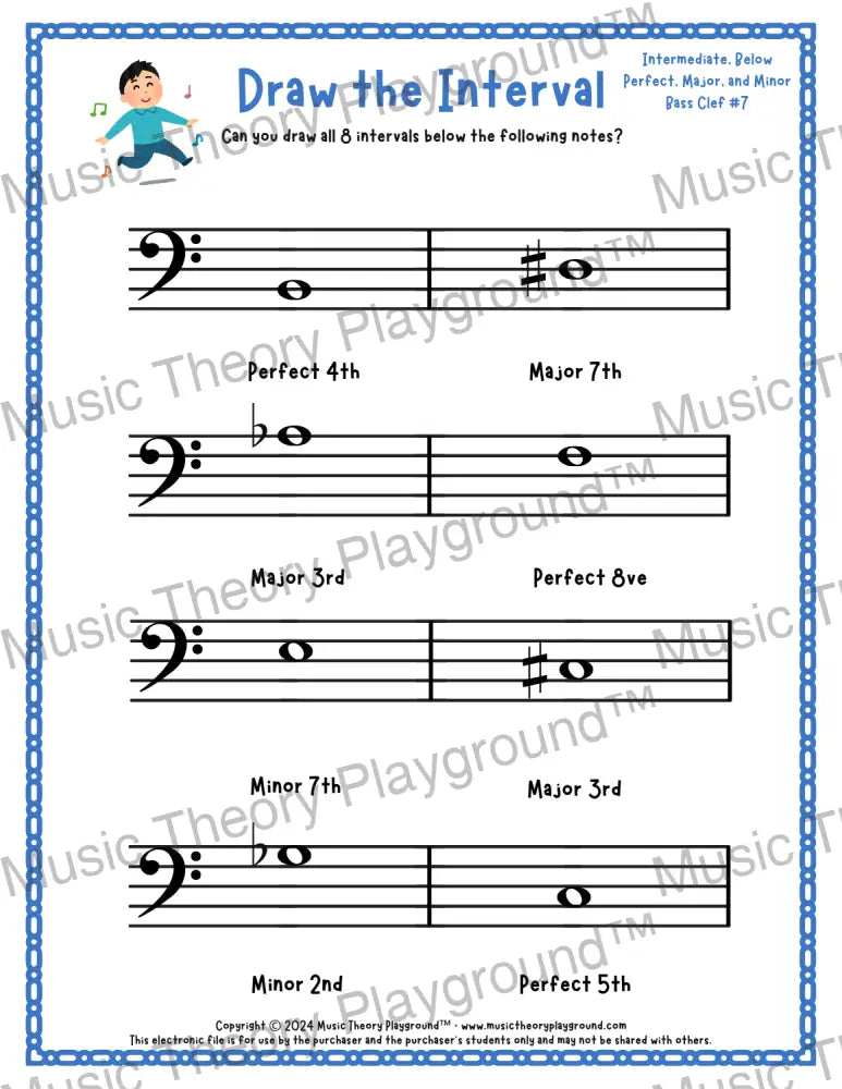Interval drawing music theory worksheet for students - printable bass clef PDF