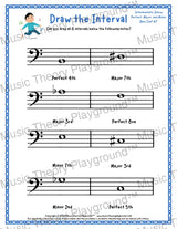 Interval drawing music theory worksheet for students - printable bass clef PDF