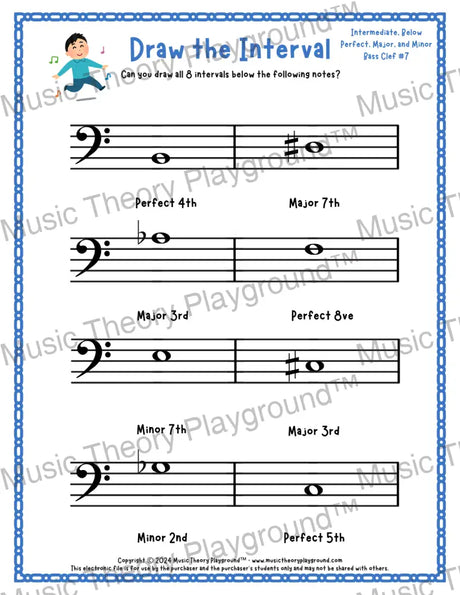 Interval drawing music theory worksheet for students - printable bass clef PDF
