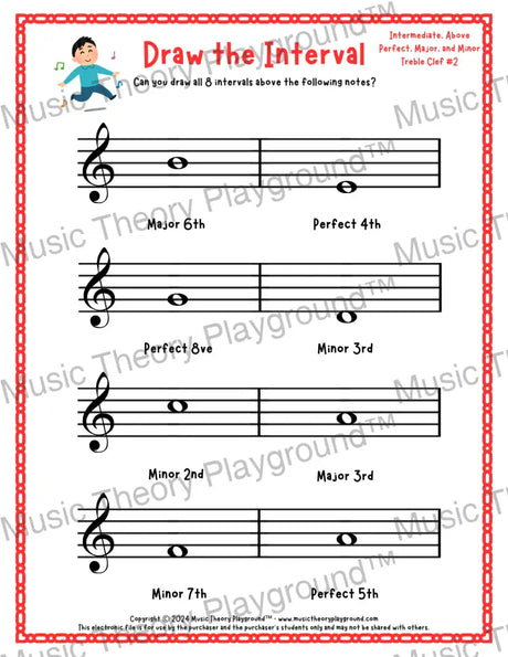 Draw the Interval: Intermediate Treble Clef (Above) - Collection 1 2 / Worksheet + Answer Key Student Worksheet