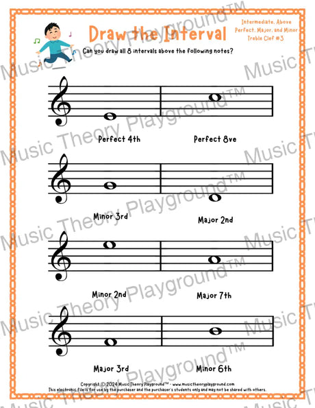 Draw the Interval: Intermediate Treble Clef (Above) - Collection 1 3 / Worksheet + Answer Key Student Worksheet