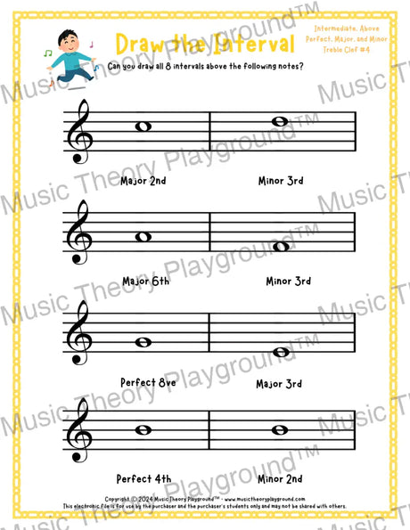 Draw the Interval: Intermediate Treble Clef (Above) - Collection 1 4 / Worksheet + Answer Key Student Worksheet
