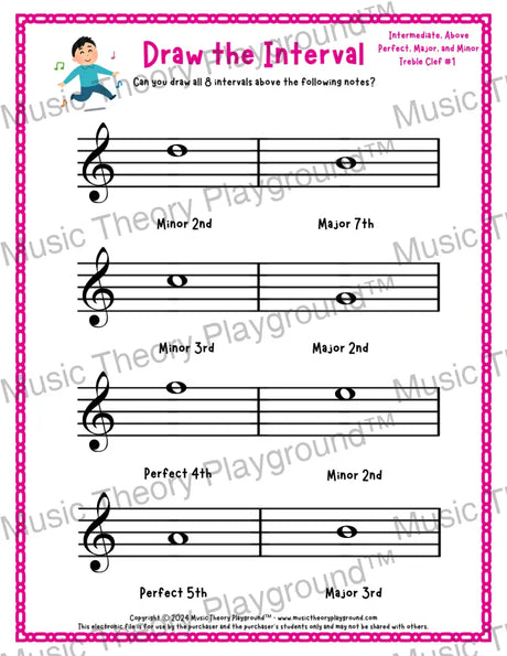 Draw the Interval: Intermediate Treble Clef (Above) - Collection 1 1 / Worksheet + Answer Key Student Worksheet