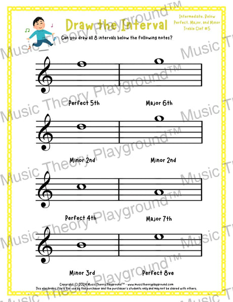 Draw the Interval: Intermediate Treble Clef (Below) - Collection 1 5 / Worksheet + Answer Key Student Worksheet