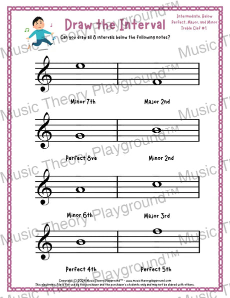 Draw the Interval: Intermediate Treble Clef (Below) - Collection 1 1 / Worksheet + Answer Key Student Worksheet