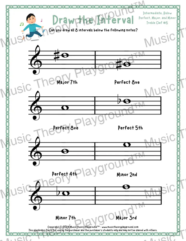 Draw the Interval: Intermediate Treble Clef (Below) - Collection 2 1 / Worksheet + Answer Key Student Worksheet