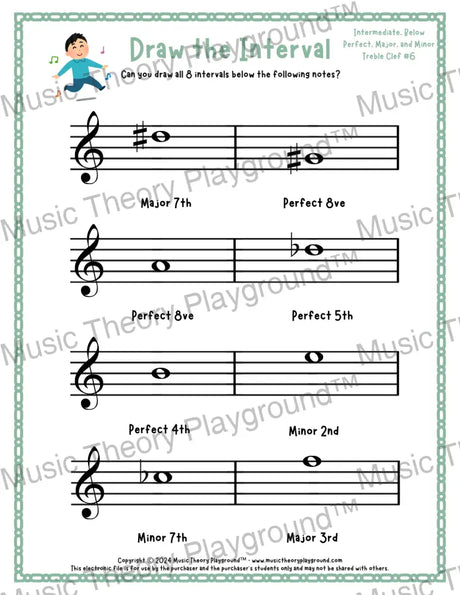 Draw the Interval: Intermediate Treble Clef (Below) - Collection 2 1 / Worksheet + Answer Key Student Worksheet
