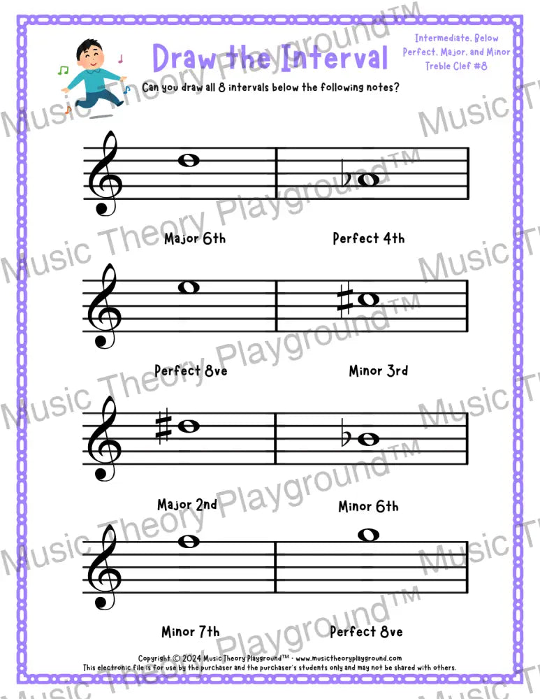 Draw the Interval: Intermediate Treble Clef (Below) - Collection 2 3 / Worksheet + Answer Key Student Worksheet