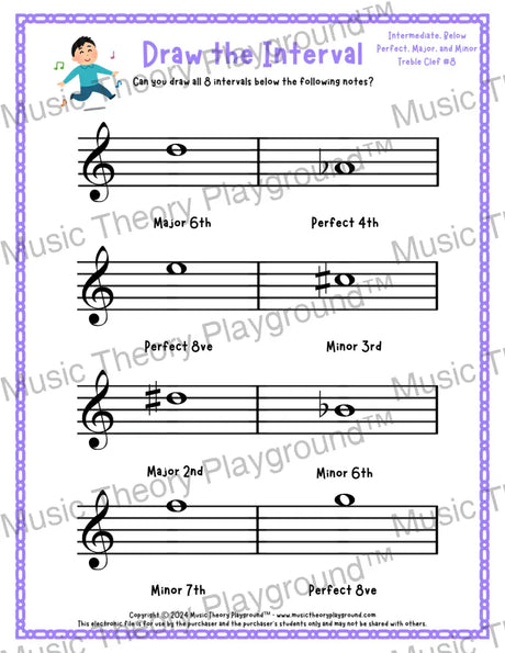 Draw the Interval: Intermediate Treble Clef (Below) - Collection 2 3 / Worksheet + Answer Key Student Worksheet