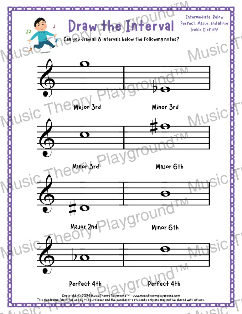 Draw the Interval: Intermediate Treble Clef (Below) - Collection 2 4 / Worksheet + Answer Key Student Worksheet