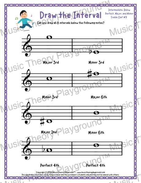 Draw the Interval: Intermediate Treble Clef (Below) - Collection 2 4 / Worksheet + Answer Key Student Worksheet