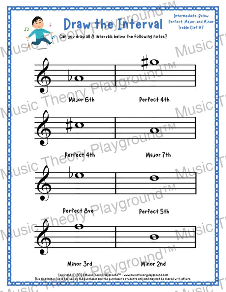 Draw the Interval: Intermediate Treble Clef (Below) - Collection 2 2 / Worksheet + Answer Key Student Worksheet